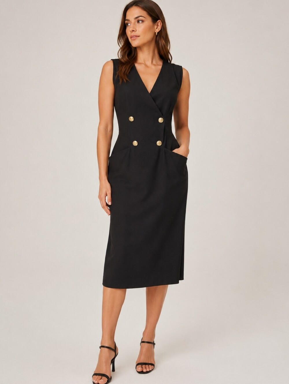 Alan Austin Made In France Black Sleeveless Womens Double Breasted Dress (B6)